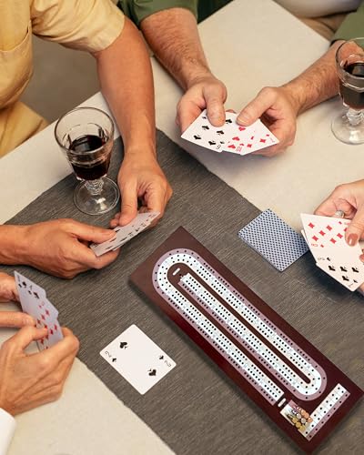 Wooden Cribbage Board Game Set with Cards & Metal Pegs – Foldable 3 Track Cribbage Board with Magnetic Lock, Large Storage Area – Travel Portable Cribbage Game for Adults & Family