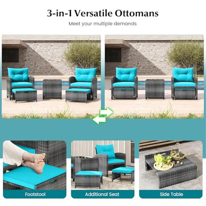 Tangkula 5 Pieces Patio Conversation Set, PE Wicker Rattan Outdoor Furniture Set with 2 Chairs, 2 Ottomans & Tempered Glass Coffee Table, Ideal for Poolside, Backyard, Lawn, Deck, Mix Grey & Turquoise - color: Mix Grey & Turquoise
