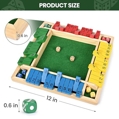 ropoda 12 Inches 4-Way Shut The Box Dice Board Game (2-4 Players) for Kids & Adults [4 Sided Large Wooden Board Game, 8 Dice + Shut-The-Box Rules] Smart Game for Learning Addition - size: 12in-Classic