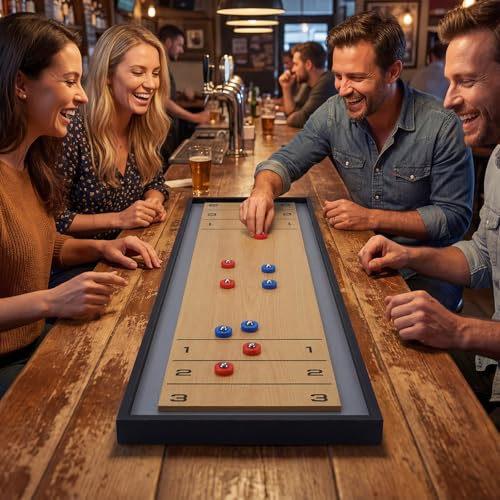 Goplus Shuffleboard and Curling 2 in 1 Board Game, Portable 2 Sided Tabletop Shuffle Board Game with 8 Rolling Pucks, Wooden Shuffleboard and Curling Combo Game Set for Adults