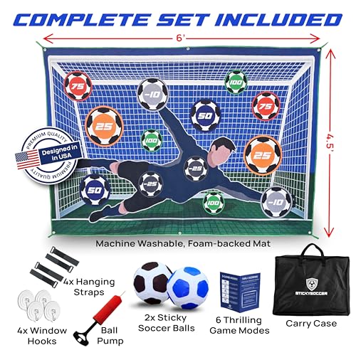 StickySoccer Indoor & Outdoor Soccer Game – Sticky Soccer Ball Target Mat for Kids - 6 Game Modes, 2 Inflatable Balls, Hook & Loop Straps & Carry Case - Boys & Girls Ages 4-12