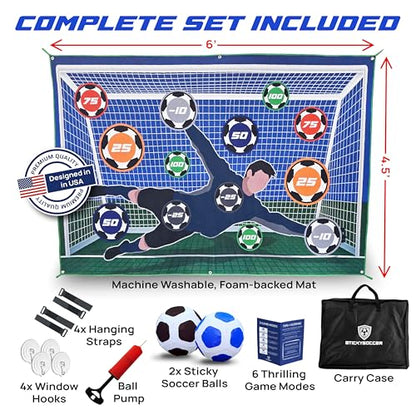 StickySoccer Indoor & Outdoor Soccer Game – Sticky Soccer Ball Target Mat for Kids - 6 Game Modes, 2 Inflatable Balls, Hook & Loop Straps & Carry Case - Boys & Girls Ages 4-12