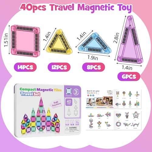 WMXDU Mini Magnetic Tiles, 40PCS Magnetic Building Blocks with Iron Box, Magnet Toys Travel Size On-The-Go Construction Set STEM Travel Toys for Boys and Girls Ages 3+ - style: Mini Magnetic Tiles