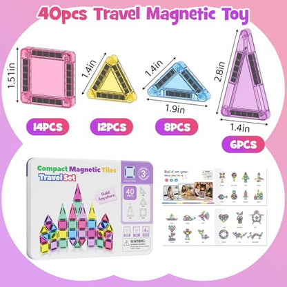 WMXDU Mini Magnetic Tiles, 40PCS Magnetic Building Blocks with Iron Box, Magnet Toys Travel Size On-The-Go Construction Set STEM Travel Toys for Boys and Girls Ages 3+ - style: Mini Magnetic Tiles