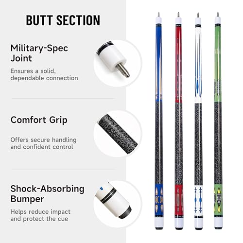 Empire USA Pool Cue Set of 4 – 58" Billiard House Bar Pool Cue Sticks, Durable Hardwood Pool Sticks for Adults, Professional Style Cue Stick Set for Home Game Room & Bar Use