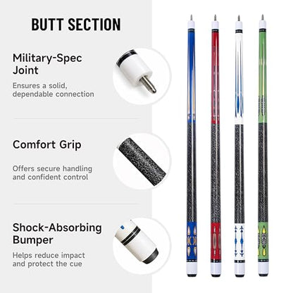 Empire USA Pool Cue Set of 4 – 58" Billiard House Bar Pool Cue Sticks, Durable Hardwood Pool Sticks for Adults, Professional Style Cue Stick Set for Home Game Room & Bar Use