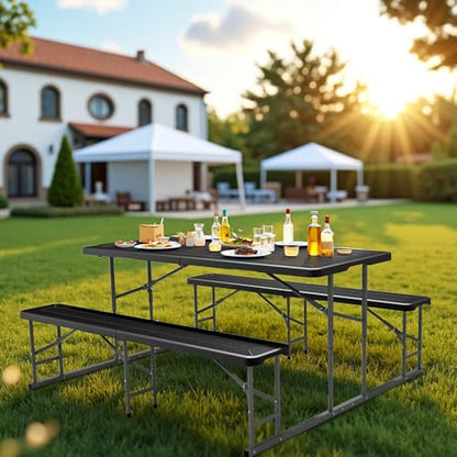 VINGLI Folding Picnic Table and Bench Set, Portable Outdoor Dining Furniture for Camping, Patio, Backyard, Wood Grain Plastic Top with Metal Frame （Black） - color: Black, style: Standard