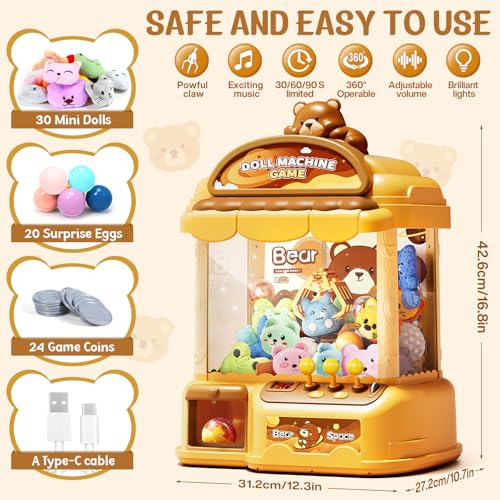 Large Claw Machine for Kids, Musical Electronic Arcade Game Console with Adjustable Sound, Christmas and Birthday Gift for Kids, Includes 30 Toys & 24 Game Coins & 20 Surprise Eggs - color: Khaki