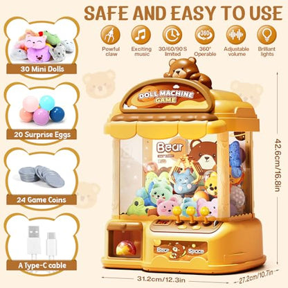 Large Claw Machine for Kids, Musical Electronic Arcade Game Console with Adjustable Sound, Christmas and Birthday Gift for Kids, Includes 30 Toys & 24 Game Coins & 20 Surprise Eggs - color: Khaki