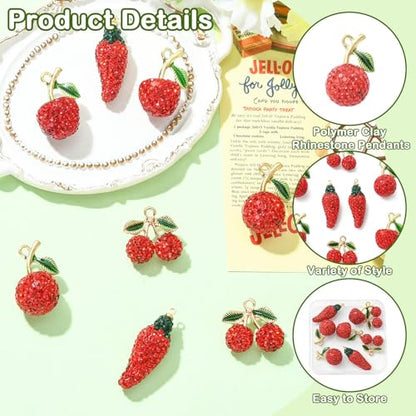 Stiesy Polymer Clay Rhinestone Fruit Charms 8Pcs, 4 Styles Golden Tone Red Crystal Beads Charms, 3D Cherry Apple Chili Pepper Pendants for Jewelry Making, DIY Bracelet Necklace Crafts - color: Red Fruit-4 Styles-8pcs