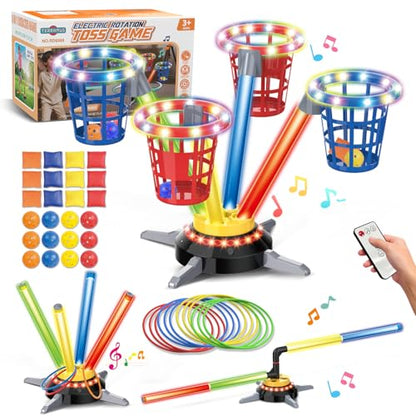 TERRAMUS 3 in 1 Bean Bag Ring Toss Game for Kids, Rechargeable Musical Jumping Games w/LED Light & Remote, Electric Spinning Base, Sandbags, Rings, Carnival Indoor Outdoor Sport Toy for 3+ Boys Girls