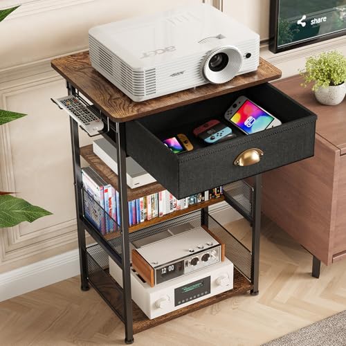 Hongtamoya 4-Tier AV Media Stand with Drawer, Video Game Console Shelf with 2 Hooks, Audio Rack Tower Perfect for/Xbox/ PS5/Switch/Game Consoles/DVD/Record Player/Projector/Sky Box/TV Accessories