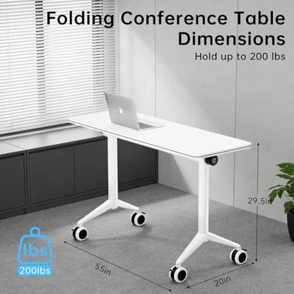 Folding Conference Table with Wheels, Mobile Flip-Top Training Table, Modular Space-Saving Meeting Table for Office, Classroom, Seminar, Library (10, White, 55IN) - color: White, size: 55IN