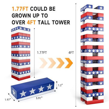Nattork Giant Tumbling Tower (Stack from 1.77Ft to 4+ Ft), Wood Stacking Giant Blocks Game| Made from Premium Pine Wood| Ideal for Family, 54PCS Stars - color: National Flag