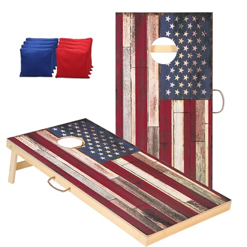 Sportdo 4x2 ft Solid Wood Cornhole Set with 8 Bean Bags, Regulation Size Cornhole Board Set for Adults, Cornhole Game Set for Tailgate Backyard Toss Games Indoor&Outdoor Activities - style: American Flag