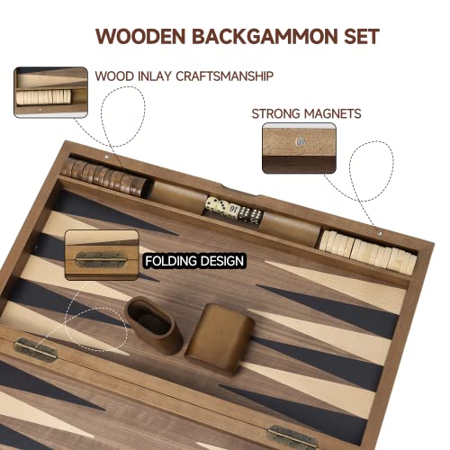 GSE Games & Sports Expert Premium Wooden Folding Inlay Backgammon Board Set, Classic Traditional Strategy Board Games (Double Stripe- 21 Inches) - color: Wood-double Stripe, size: Large