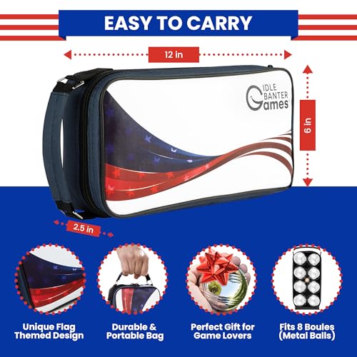 Idle Banter Boules Game Set - Flag Themed Carrying Case with 8 Premium 73 mm Petanque Balls, Fun & Portable Outdoor Lawn Game for All Ages, Classic French Sport for Skill & Strategy