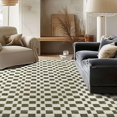 EVERGRACE Checkered Plaid Area Rug 6x9, Soft Fuzzy Faux Wool Rugs Washable Anti Slip Rugs Large Rug Carpet for Entryway Bedroom Living Room Hallway Kitchen Dining Room and Laundry Room, Olive Green - color: Olive Green, size: 6' x 9' (Rectangular)