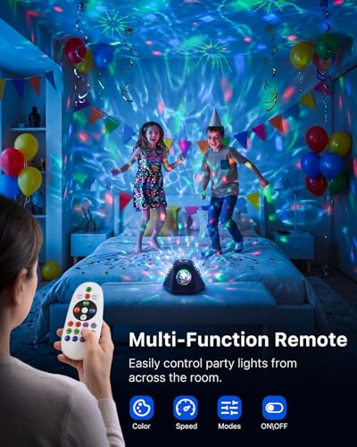 3-in-1 Pyramid Disco Party Lights with Sound Activated and Adjustment Stake | 4 Head Magic Projector Ball Lamp, 360 Angle Room Coverage, Water Wave Strobe Lighting Effect, for Home, Holiday Club, Karaoke