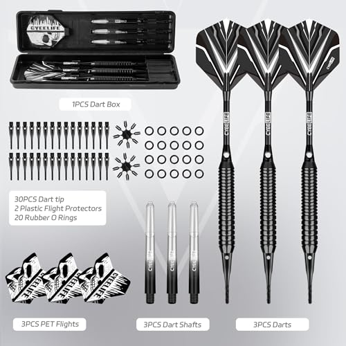 CyeeLife Soft tip Darts Set with Brass Barrel,Professional Darts Plastic Tip,Aluminum/PC Shafts + 6 Flights + 30 Soft Tip + 20 O Ring + 2 Flight Protectors + 1 Dart Case for Electronic Dartboard