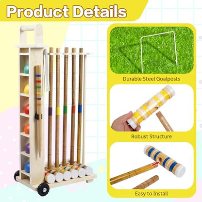 6 Player Croquet Set for Adults with Wooden Stand - 28 Inch Professional Outdoor Lawn Game Includes 6 Rubberwood Mallets & Balls, Steel Wickets - Backyard, Garden, Park Games
