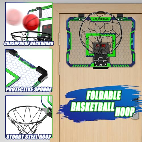 Indoor Basketball Hoop for Kids, Over The Door Mini Basketball Hoop with Scoring & Countdown, Remote Control, 3 Balls & Sound Effects, Birthday & Christmas Toys Gifts for 4-12 Year Old Girls Boys