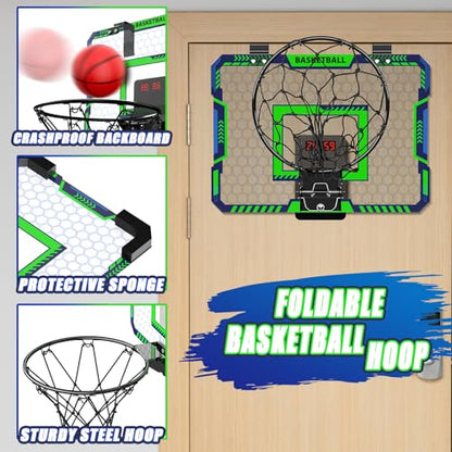 Indoor Basketball Hoop for Kids, Over The Door Mini Basketball Hoop with Scoring & Countdown, Remote Control, 3 Balls & Sound Effects, Birthday & Christmas Toys Gifts for 4-12 Year Old Girls Boys