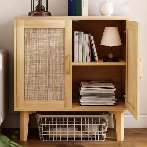 Buffet Sideboard Storage Cabinet with Rattan Decor Doors Solid Wood Feet, Multifunctional Accent Unit with Spacious Tabletop and Inner Shelves for Dining Room Kitchen - Easy Assembly