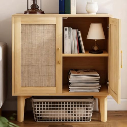 Buffet Sideboard Storage Cabinet with Rattan Decor Doors Solid Wood Feet, Multifunctional Accent Unit with Spacious Tabletop and Inner Shelves for Dining Room Kitchen - Easy Assembly