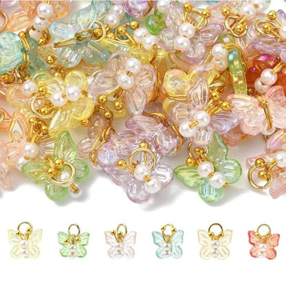 Stiesy Transparent Acrylic Butterfly Charms with ABS Pearl 50Pcs, Mixed Color 3D Insect Dangle Charms Pendants for Jewelry Making, DIY Craft Projects and Present Supplies - color: Butterfly-50pcs