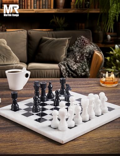 Marble Chess Set 12" Inches White and Black with Storage Box and 2 Extra Queen Handmade Classic Board Games for Adults, Luxury Chess Board & Marble Chess Set for Adults - color: White & Black