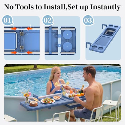 Poolside Bar with Ice Bucket, Poolside Bar Table with Adjustable Support Bracket Fits Above-ground Pools, Swim Up Bars Up to 110lbs, Patio Poolside Table Smart Fold ＆Weather Resistant Stable Tabletop