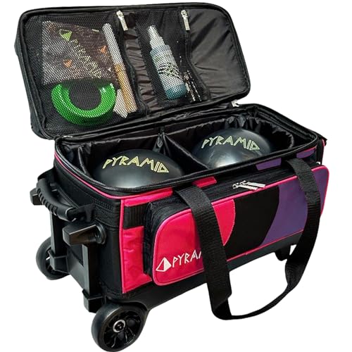 Pyramid Deluxe Double Roller 2 Ball Bowling Bag with Large Separate Shoe Compartment (Up To 2 Pairs Of Shoes) and Accessory Pockets, Sturdy Square Handle - Extends to 40" - Pro Options Available - color: Pro Black/Hot Pink/Purple