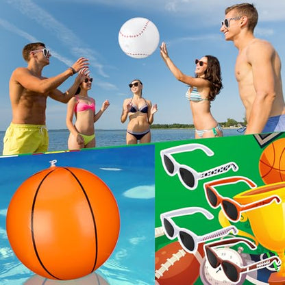 48 Pcs Inflatable Sports Beach Balls wtih Glasses for Party Favors Variety Pack Basketball, Baseball, Football, Soccer Beach Balls Sports Themed Summer Pool Birthday Decorations - style: Sports