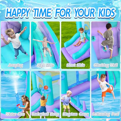 Inflatable Bounce House Water Slide, 141 x 138 x 78 Inches Blow Up Water Slides, Splash Pool, Basketball, Ring Toss Game, Target Balls, Water Cannon, Climbing Wall, Blower Included