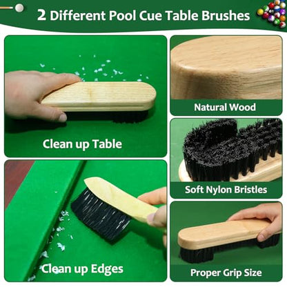Pool Table Brush Set, 14pcs Billiard Table Felt and Cue Cleaning Accessories with 2 Wooden Brushes, Cue Cleaning Cloth, Ferrule Polish Cloth, Shaft Wax, Towel Burnisher and Sticky Lint Roller