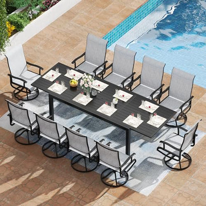 PIZZELLO 11 Pieces Patio Dining Set, 106" Extendable Aluminum Patio Dining Table w/ 10Pcs Textilene Swivel Patio Chairs, All-Weather Outdoor Table and Chairs Sets for Backyard, Garden and Deck - size: 106"Table + 10 Swivel Chairs