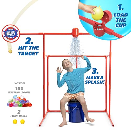 GoSports Backyard Water Toy Game for Kids & Family - Carnival-Style Splash Tower Dunk Tank with Water Balloons - Safe Design and Durable Weather-Resistant Construction - Ages 8 and Up