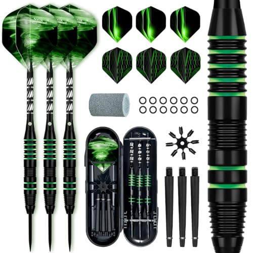 XAWU 3 Pack Steel Tip Darts Set Professional Darts 22g, 24g with 9 Dart Flights 3 Aluminum Shafts 3 Spare Shafts 1 Dart Sharpener 12 Rubber O-Rings Flight Protector and Darts Case - color: ‎22g Green & Black