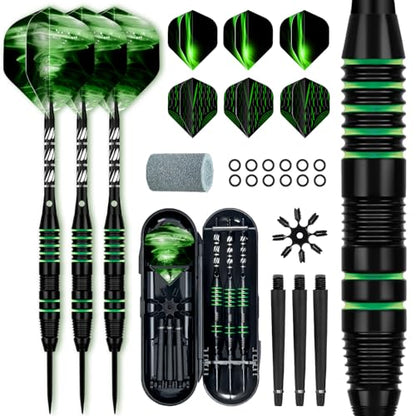 XAWU 3 Pack Steel Tip Darts Set Professional Darts 22g, 24g with 9 Dart Flights 3 Aluminum Shafts 3 Spare Shafts 1 Dart Sharpener 12 Rubber O-Rings Flight Protector and Darts Case - color: ‎22g Green & Black