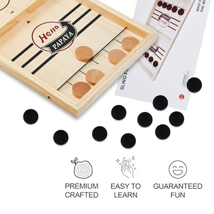 HELLO PAPAYA Fast Sling Puck Game - Test Your Speed and Accuracy with This Fast-Paced Wooden Air Hockey Desktop Battle Board Game - Guaranteed Fun Gifts for Family Night or Friends Party - size: X-Large