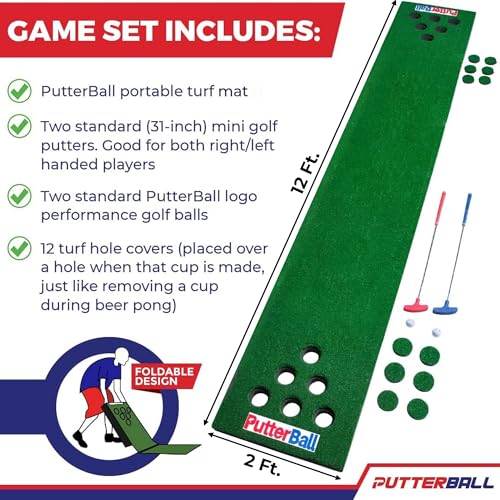 PutterBall Original Golf Putting Game Set – Backyard 12 ft Putting Green Pong Style Golf Mat with 2 Putters, 2 Balls & Hole Covers