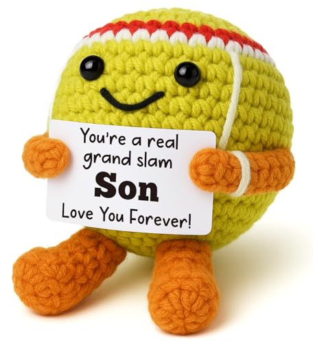 Mini Positive Crochet Tennis Ball Gifts for Women Men - Handmade Crochet Tennis Ball, Motivational Encouragement Christmas White Elephant Gift for Tennis Balls Lover Coworker Friend Coach - style: Son