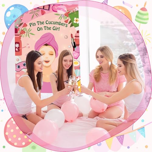 PLULON Spa Party Game for Girls Party, Pin The Cucumber on The Girl Spa Game Poster for Kids Girl Spa Birthday Makeup Sleepover Slumber Party Supplies Women Party Decor - style: Spa