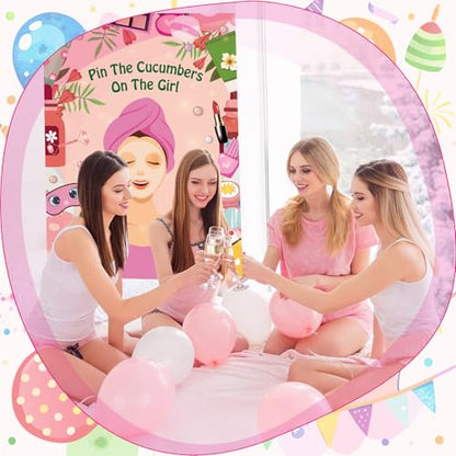 PLULON Spa Party Game for Girls Party, Pin The Cucumber on The Girl Spa Game Poster for Kids Girl Spa Birthday Makeup Sleepover Slumber Party Supplies Women Party Decor - style: Spa