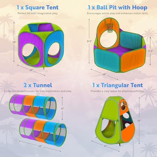 Playz 5-Piece Kids Pop up Play Tent Crawl Tunnel and Ball Pit with Basketball Hoop Playhouse for Boys, Girls, Babies, and Toddlers (Purple, Orange, Yellow, Red, Blue) - color: Purple, Yellow, Red, Blue, White