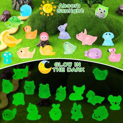 200PCS Luminous Mini Resin Animals 30 Types Miniature Resin Animal Figurines to Hide Bulk Glow in The Dark Tiny Ducks Frogs Small Cat Bunnies for Fairy Garden Micro Landscape Dollhouse Accessories - style: 200Pcs-Animals