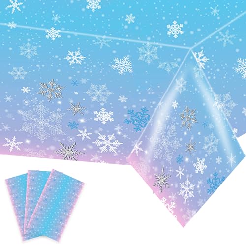Kesfey 3 Packs Christmas Snowflake Tablecloth 51 x 87 Inch Winter Frozen Wonderland Table Cover Disposable White Snowflake Plastic Table Cloth Blue and Pink Snowflake Tablecloths for Christmas Party - color: Blue and Pink Snowflake