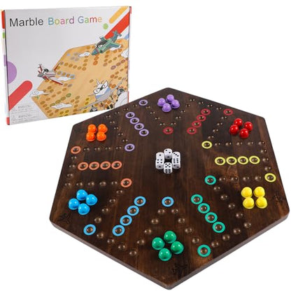 Large Size 20 inches Wood Wahoo Marble Board Game 2 Sided Game 4-6 Player for Friends and Family Party, Classic Wahoo Style Strategy Racing Game with 6 Dices,30 Marbles (Rustic Brown) - color: Large, Rustic Brown