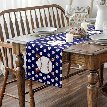 Erosebridal Cartoon Baseball Table Runner,Sports Ball Game Table Runners,Athletic Sport Lover Rectangular Runner Tabletop Decor,Blue White,13x60 Inch - size: 13" X 60"